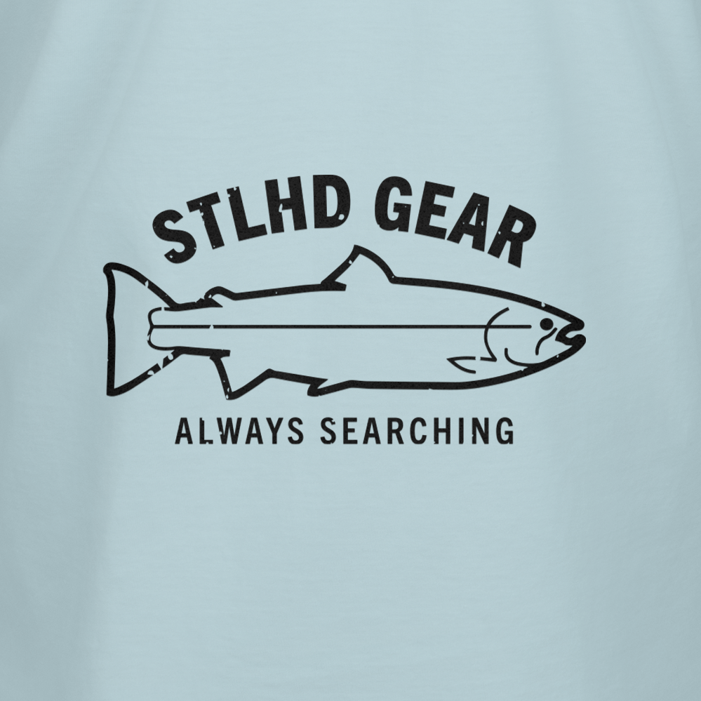 Featuring a fish illustration with STLHD GEAR above and ALWAYS SEARCHING below, the STLHD Coastie T-Shirt is perfect for outdoor enthusiasts seeking breathable comfort.