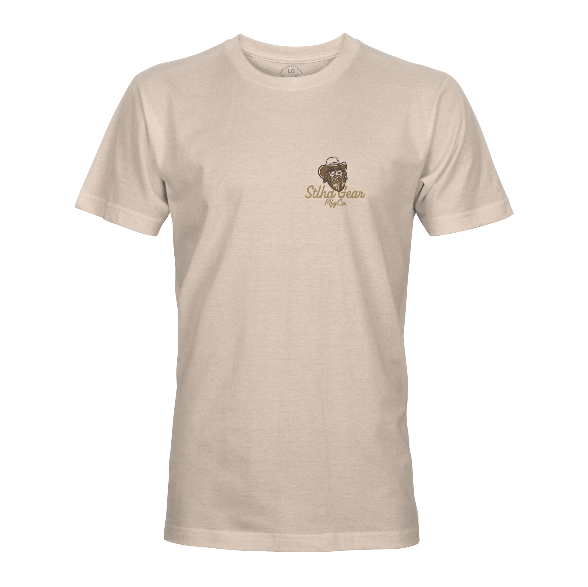 The STLHD GEAR Country State of Mind T-Shirt features a beige design with a stylish graphic, perfect for any outdoor enthusiast’s collection.