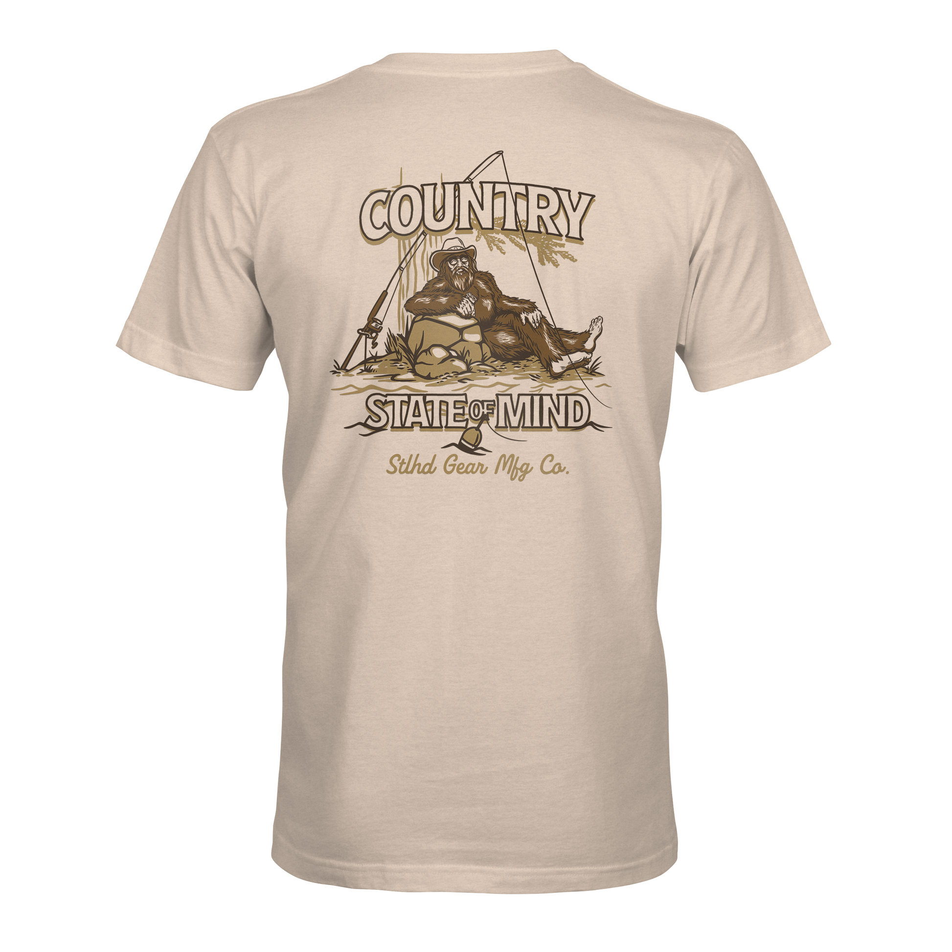 The STLHD Country State of Mind T-Shirt by STLHD GEAR features a beige color and back graphic of a man relaxing by a tent and campfire with the text COUNTRY STATE OF MIND—a perfect tee for outdoor enthusiasts.