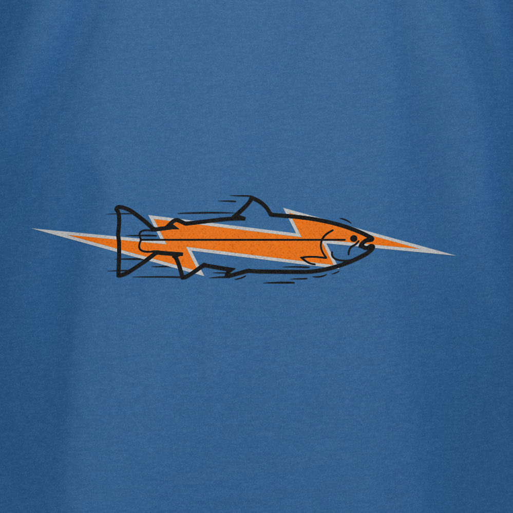 The STLHD GEAR Fast Limits T-Shirt features a black-outlined fish with an orange lightning bolt on a blue background—ideal for outdoor enthusiasts who want breathable comfort.