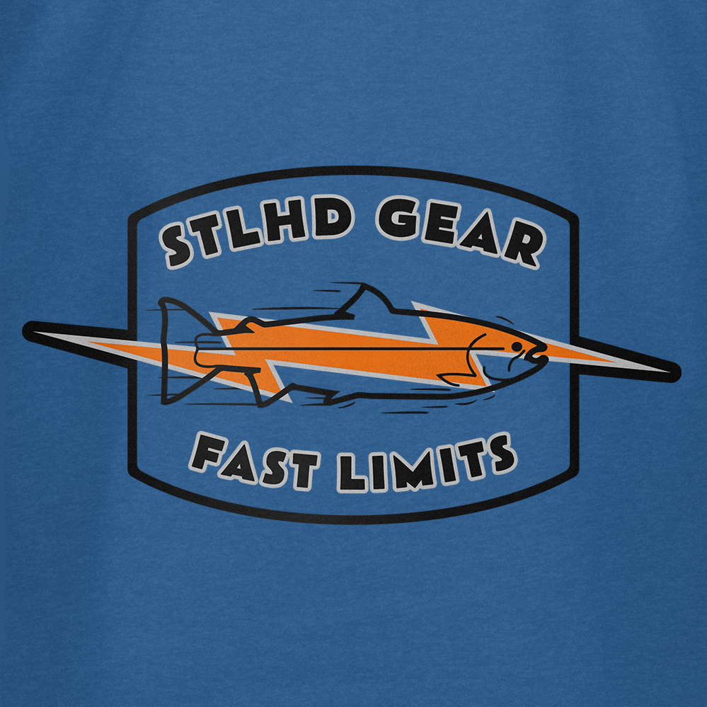 Show your love for the outdoors in the STLHD GEAR Fast Limits T-Shirt, featuring an orange and blue fish logo with STLHD GEAR and FAST LIMITS on a blue background—ideal for breathable comfort and adventure.