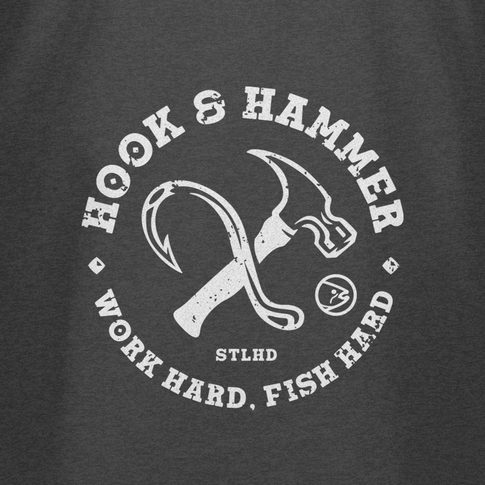 The STLHD Hook and Hammer T-Shirt by STLHD GEAR features a fish hook crossed with a hammer, framed by HOOK & HAMMER above, WORK HARD, FISH HARD below, and STLHD in the center—ideal for outdoor or fishing fans.