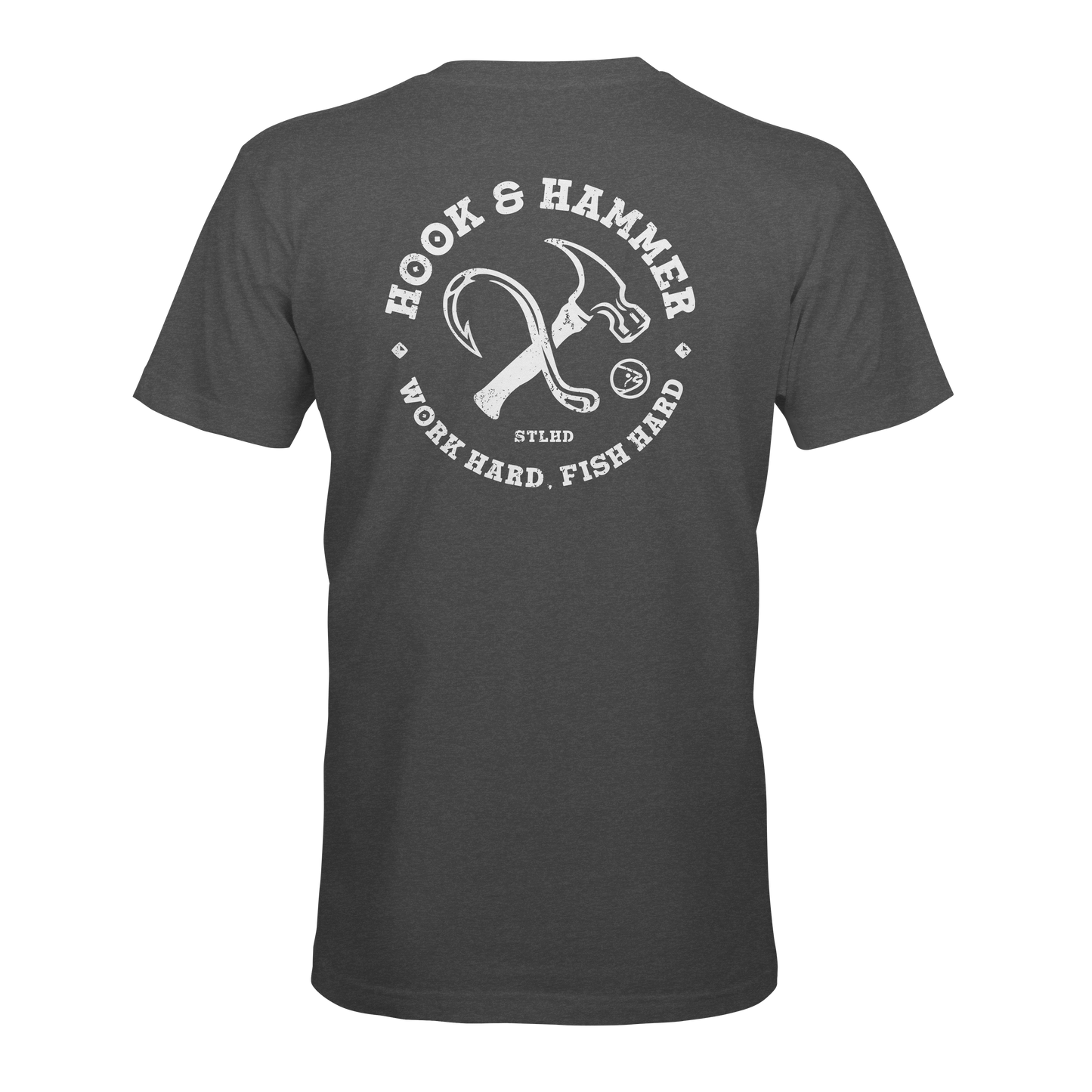 Ideal for outdoor enthusiasts, the STLHD GEAR Hook and Hammer T-Shirt sports a dark gray color and bold white fish hook and hammer graphic on the back—making it your next favorite fishing shirt.