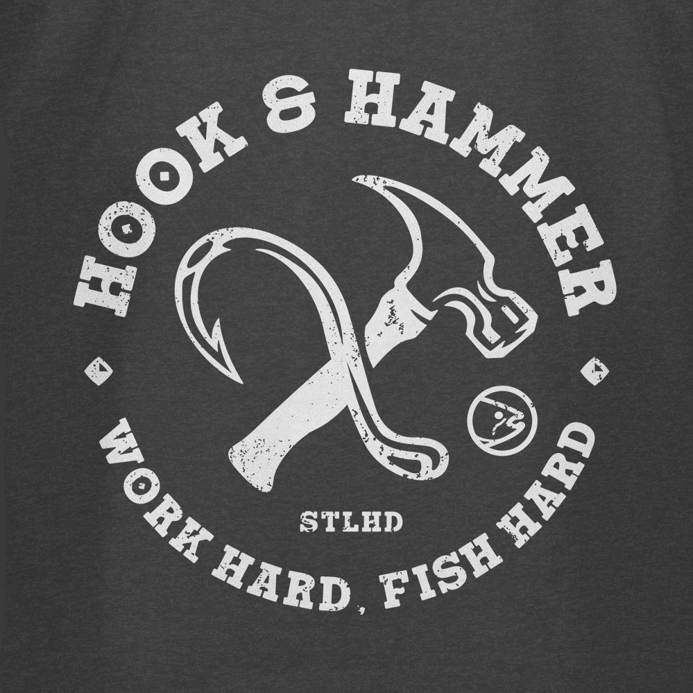 Featuring a distressed graphic of a fishing hook crossed with a hammer, the STLHD Hook and Hammer T-Shirt by STLHD GEAR displays “HOOK & HAMMER,” “WORK HARD, FISH HARD,” plus “STLHD”—a must for any fishing or outdoor collection.