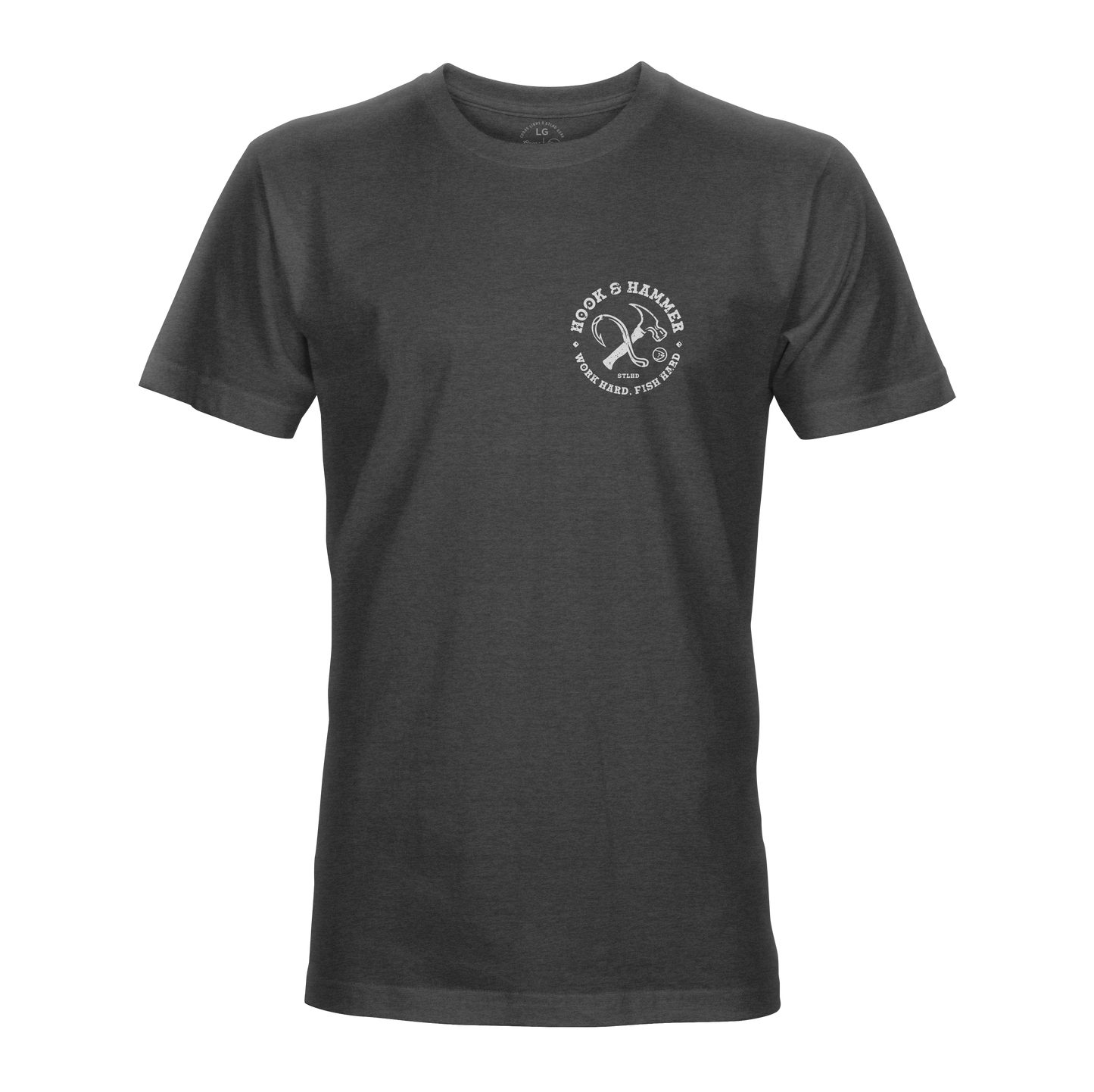 The STLHD Hook and Hammer T-Shirt by STLHD GEAR is a dark gray short-sleeve shirt with a small white left-chest logo showing crossed hammer and chisel, “Iron & Hammer,” and other details—great for outdoor lovers.