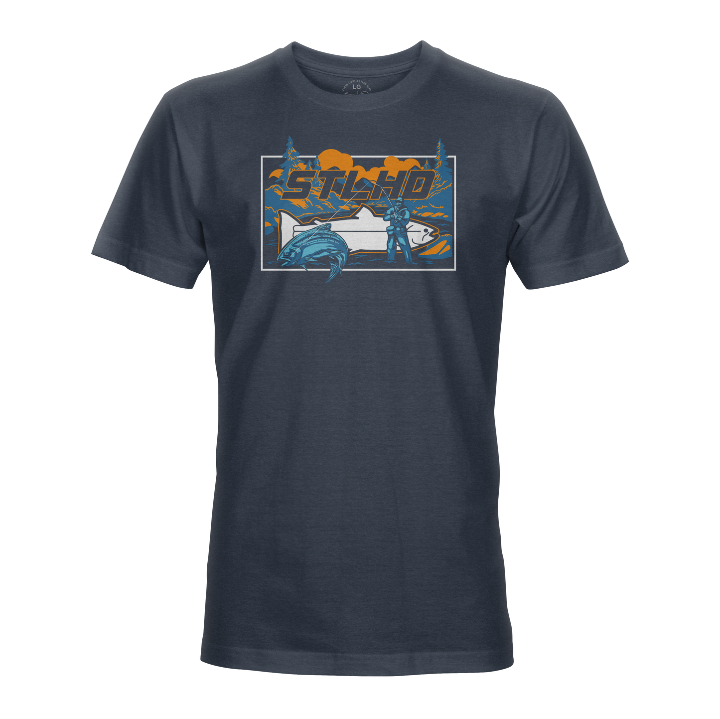 The STLHD Let’er Rip T-Shirt by STLHD GEAR is a dark blue tee featuring a bold psycho graphic with a person, car, and leaping fish. Made from breathable comfort weave for all-day wear.