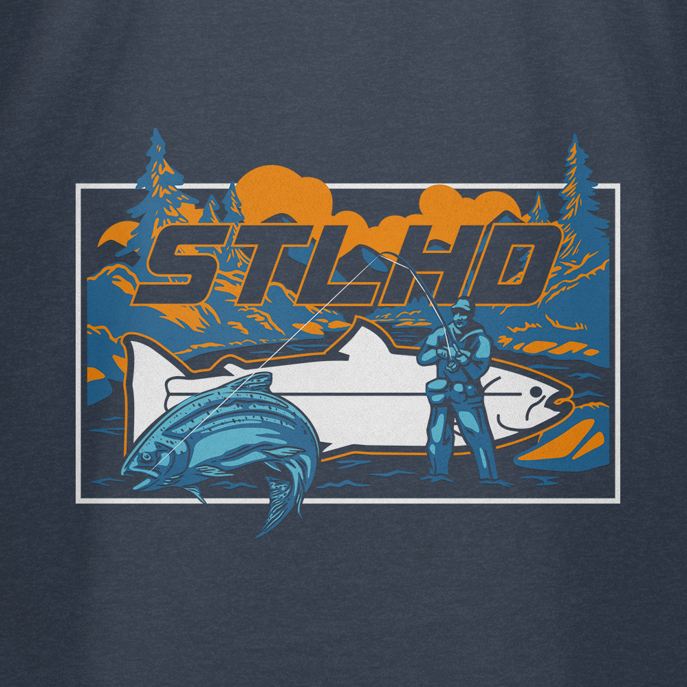 STLHD GEAR’s “Let’er Rip” T-shirt features a fisherman, big fish, bold lettering, and vibrant orange-blue tones. This breathable comfort weave tee is perfect for anglers seeking style and performance.