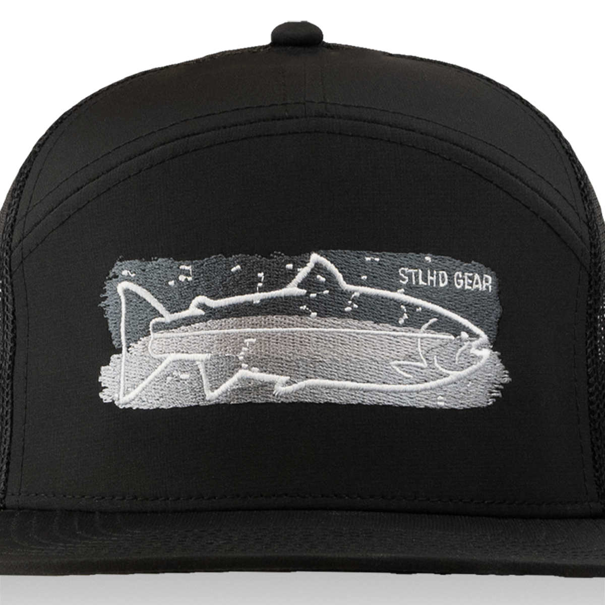 The STLHD Chrome Performance Flat Bill Hat by STLHD GEAR features an embroidered fish outline, white STLHD GEAR text on the right, and a stylish white and gray painted background. This adjustable snapback offers both comfort and style.