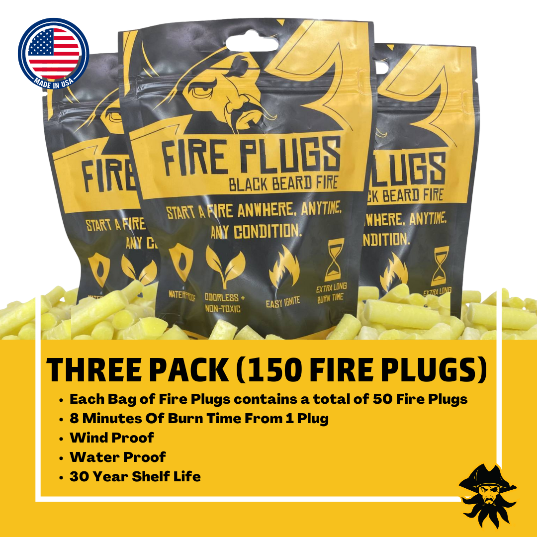 Get 3 packs of Black Beard Fire Starters’ Fire Plugs—50 windproof, odorless, waterproof tinder plugs per pack. Each burns for 8 minutes, lasts 30 years, and features a USA flag on the top left corner.