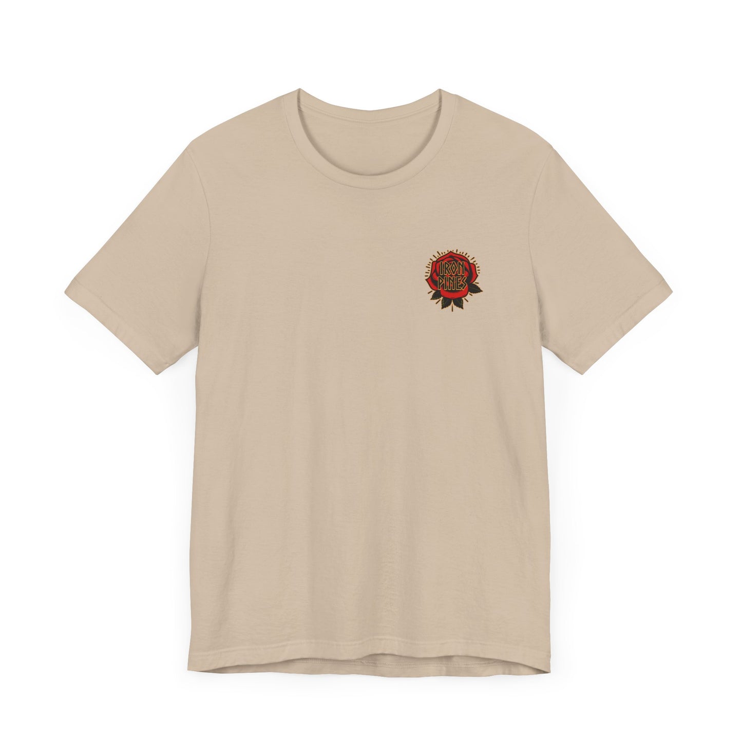 Beige unisex Never Mistake My Kindness For Weakness tee by Printify, featuring a small circular red and black emblem with text on the left chest. Made from Airlume cotton and shown on a white background.