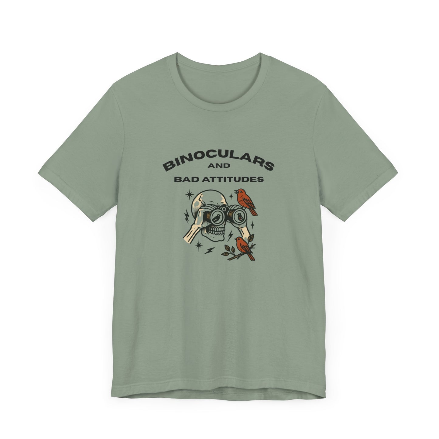 Printify’s Bird Watching Is Hardcore T-shirt blends punk attitude and birding fun with a skull, binoculars, birds, leaves, and BINOCULARS AND BAD ATTITUDES text—perfect for ornithologists or any field freak!.