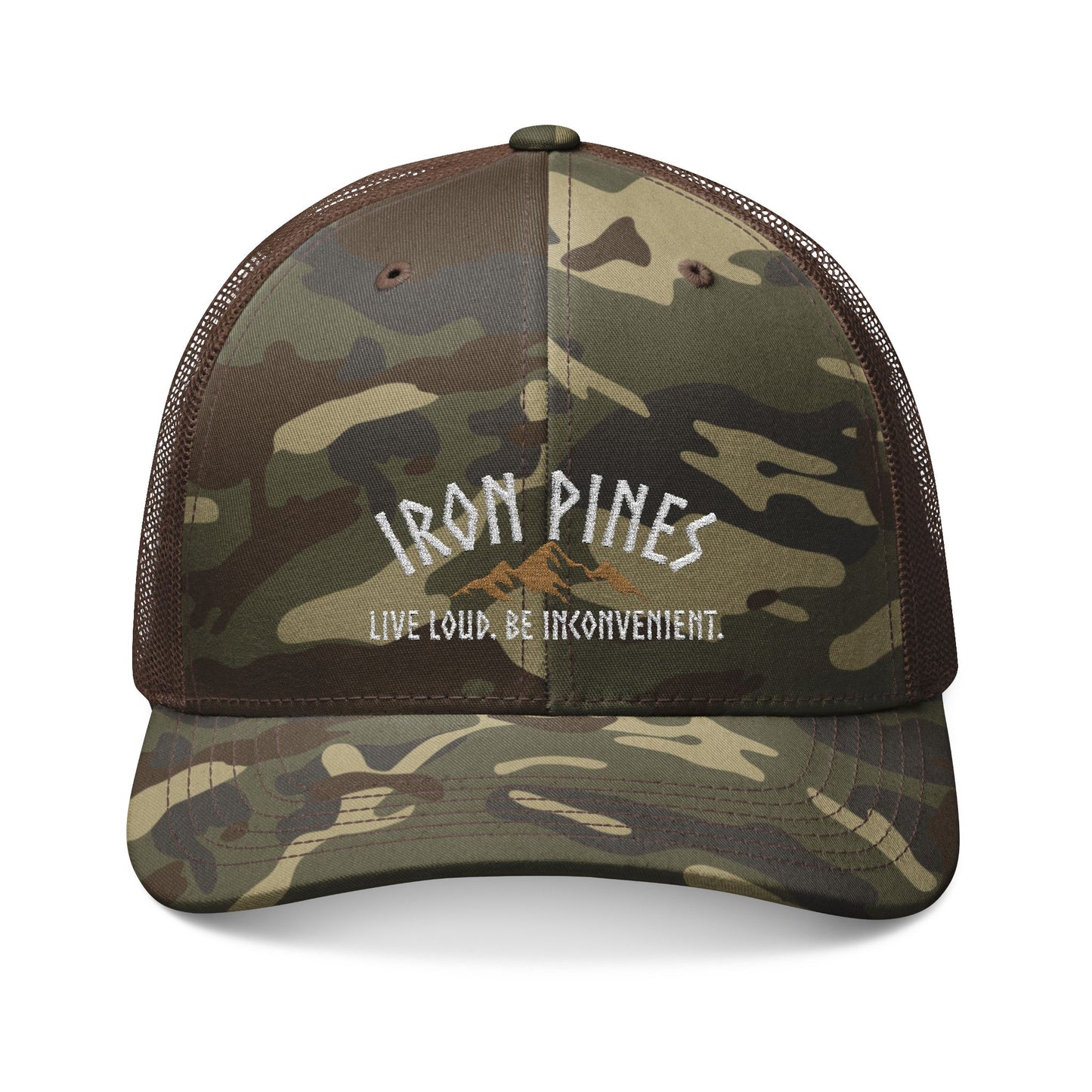 The Be Inconvenient Camo Trucker Hat | Rebel Outdoors Snapback by Iron Pines from Printify is a mesh-back camo hat with IRON PINES above a mountain and LIVE LOUD. BE INKONVENIENT. in white—a bold choice for those who stand out.