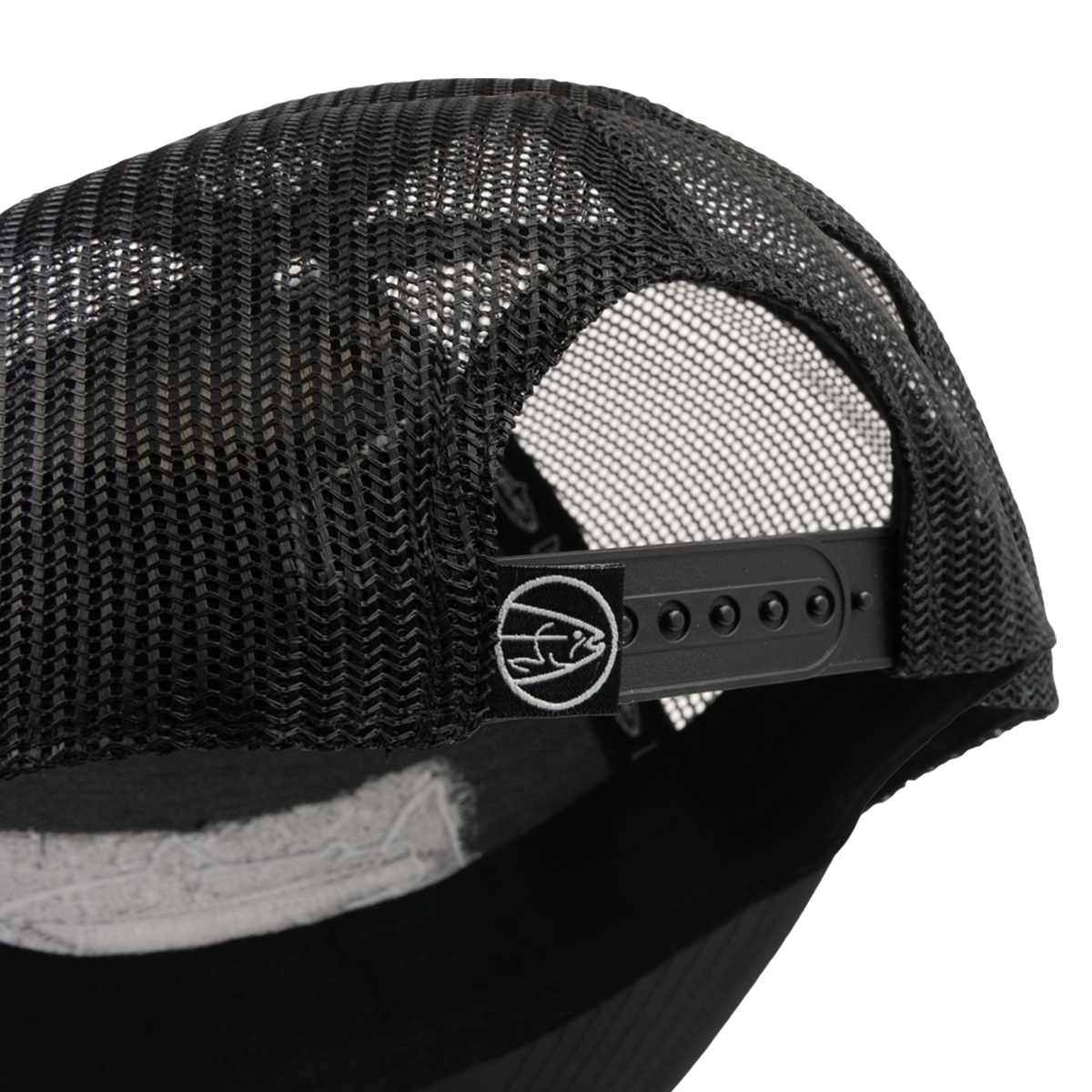 The STLHD Chrome Performance Flat Bill Hat by STLHD GEAR features a black mesh back, adjustable snapback strap, and a round logo with a stylized fish inside a circle.