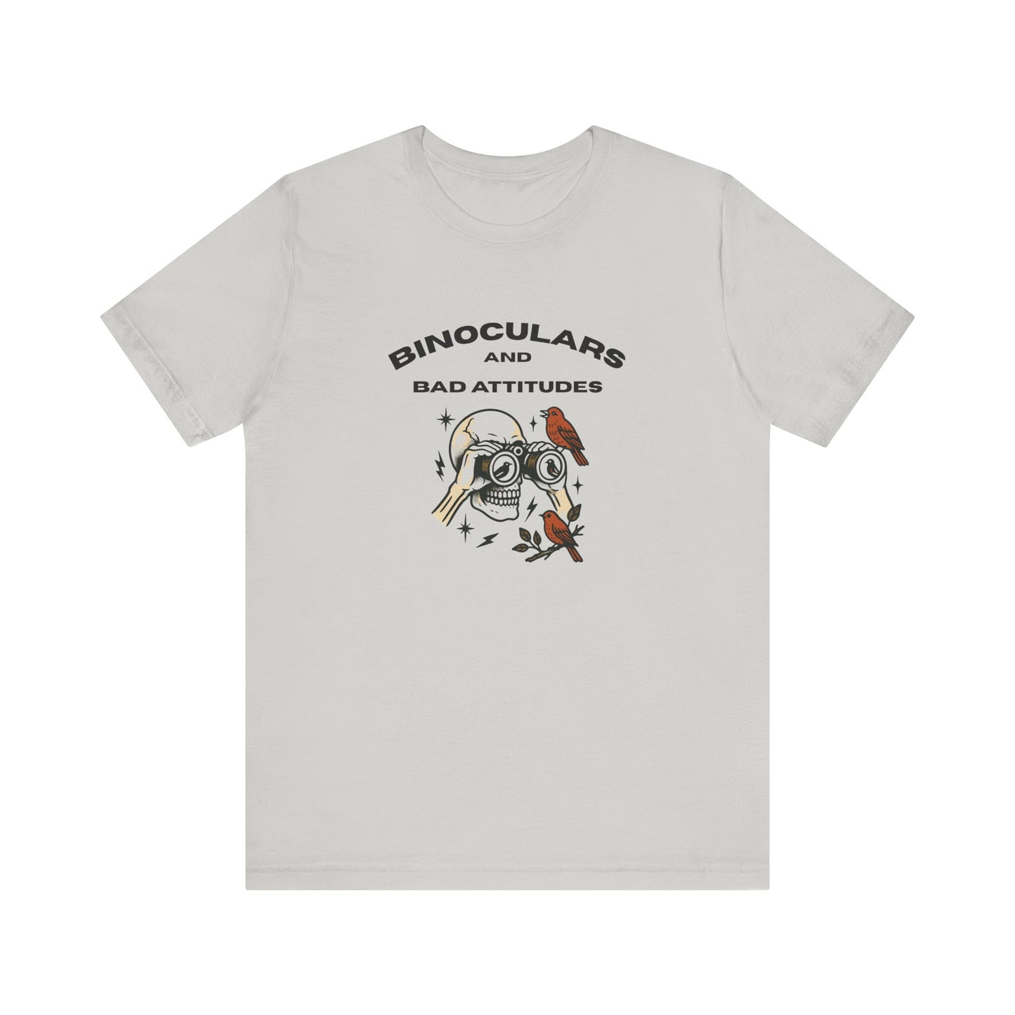 The Bird Watching Is Hardcore T-Shirt by Printify features binoculars, birds, and leaves with “BINOCULARS AND BAD ATTITUDES” above—an ideal funny punk birder shirt for misfits, field freaks, and ornithologist collectors.
