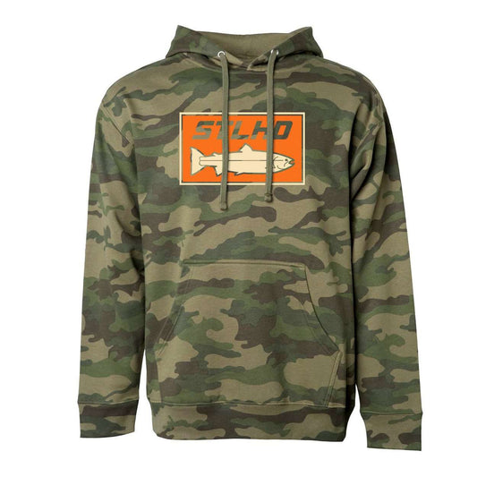 The STLHD Mens Woodlands Camo Standard Hoodie by STLHD GEAR features a green camo design, front pocket, hood, and an orange patch with fish image on the chest—ideal for fishing and outdoor adventures.