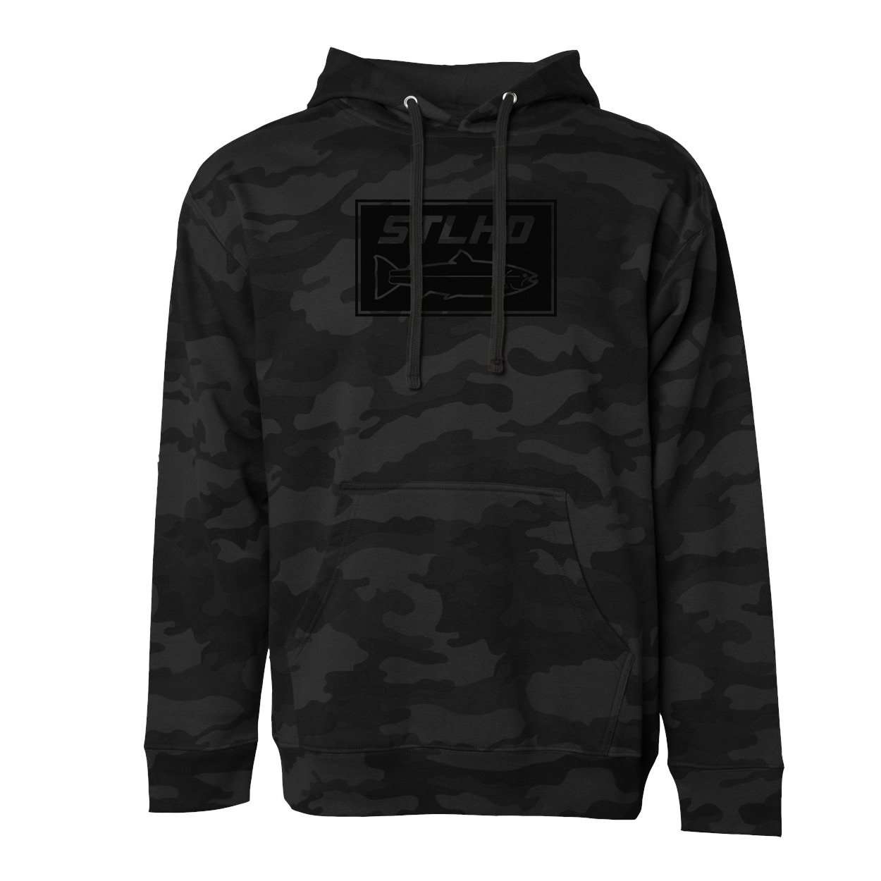 The STLHD Mens Black Water Black Camo Standard Hoodie by STLHD GEAR features a front pocket, drawstring hood, and a chest patch with SLFD above a fish outline—ideal for fans of STLHD and fish-stalkers hoodie styles.