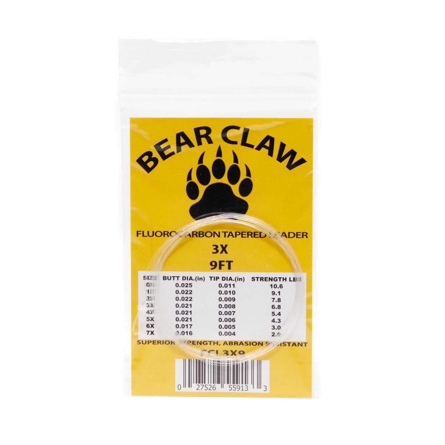 A 3-pack of Jackson Hole Fly Company 9ft Fluoroflex fluorocarbon tapered leaders, 3X, with packaging featuring leader specs and a black bear paw graphic. Ideal for clear water fly fishing.