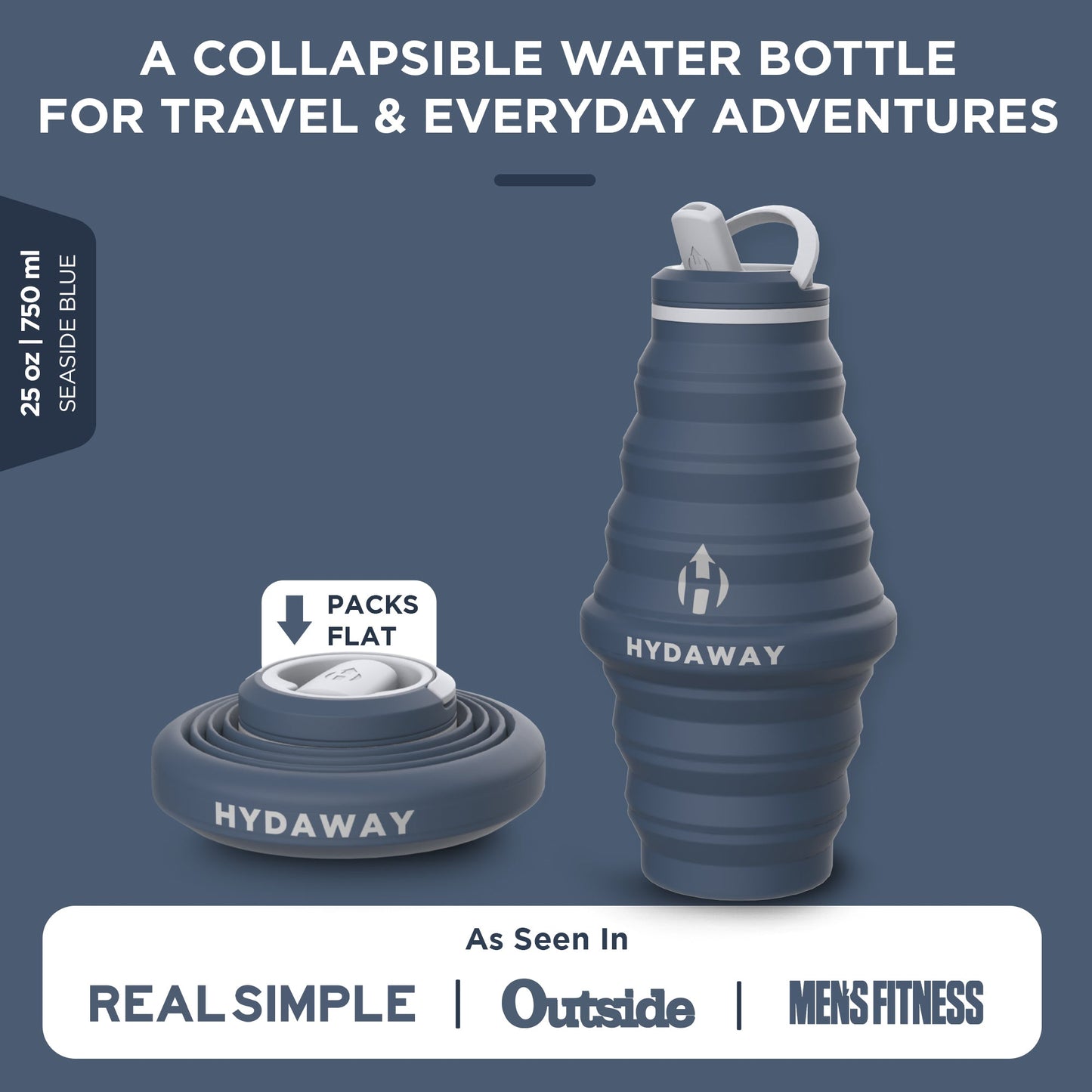 Hydaway 25 oz Collapsible water bottle with packaging on a blue background