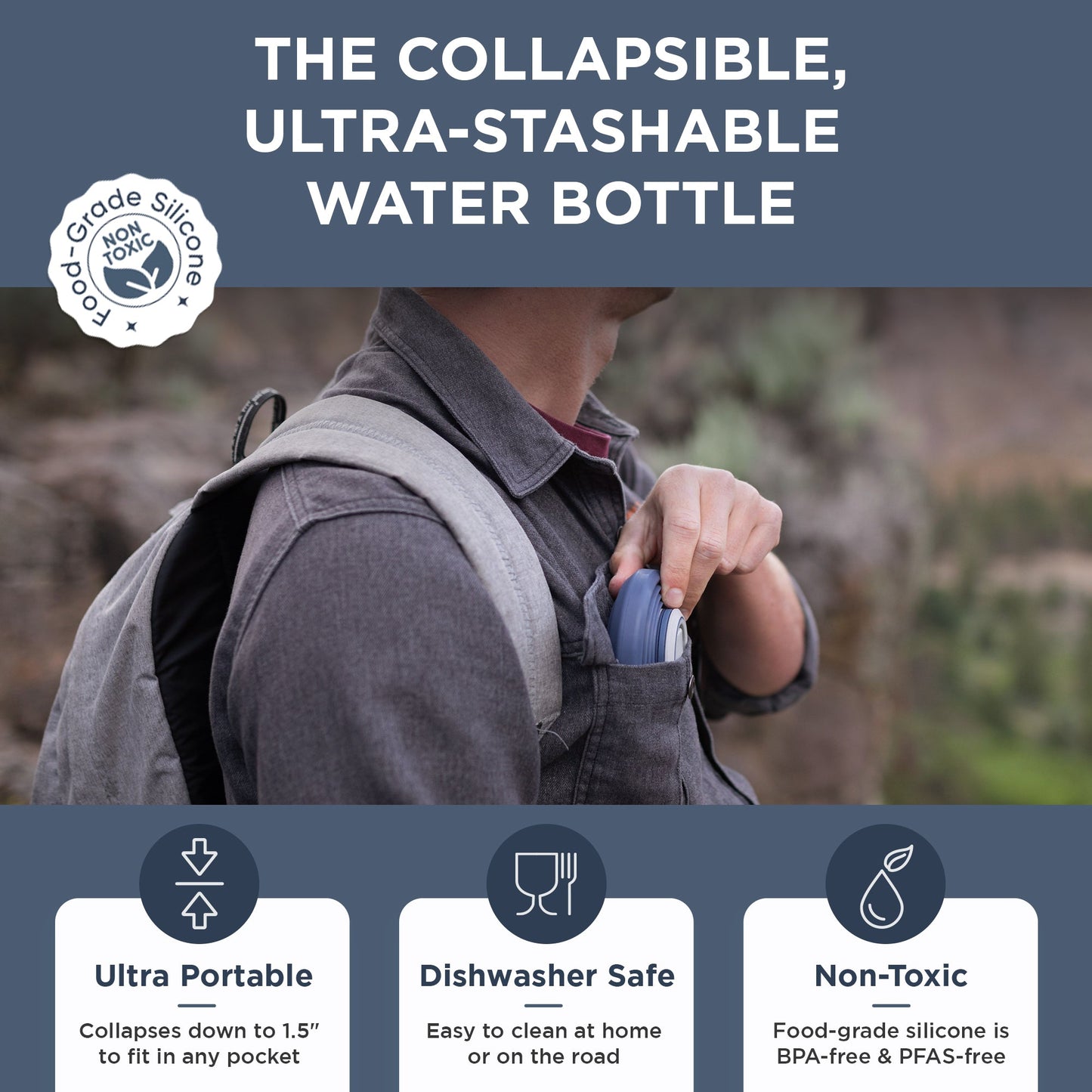 Person pulling a hydaway 25oz collapsible water bottle from a shirt pocket with product features highlighted.