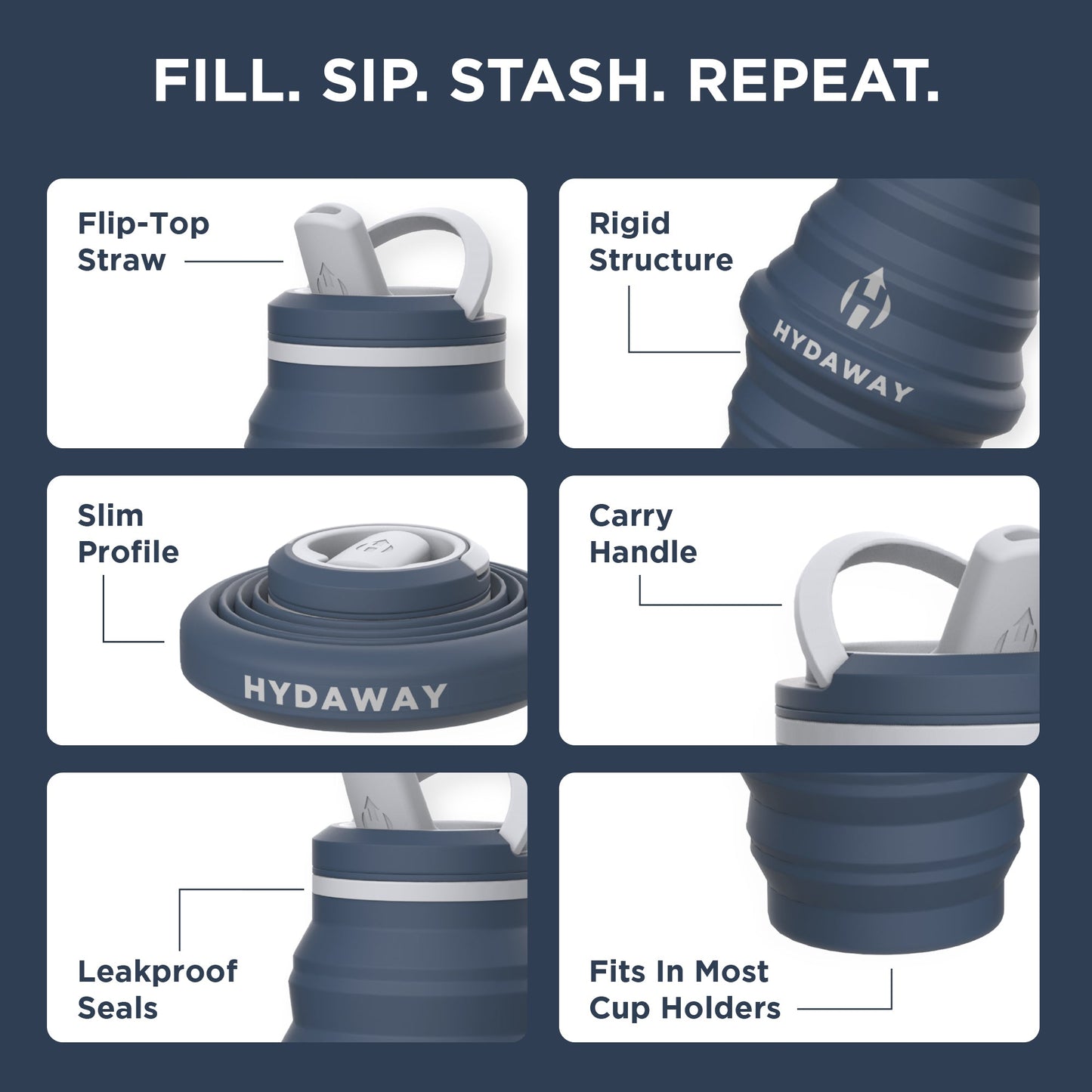 infographic close-ups of flip-top straw, rigid structure, carry handle, leakproof seals on HYDAWAY bottle