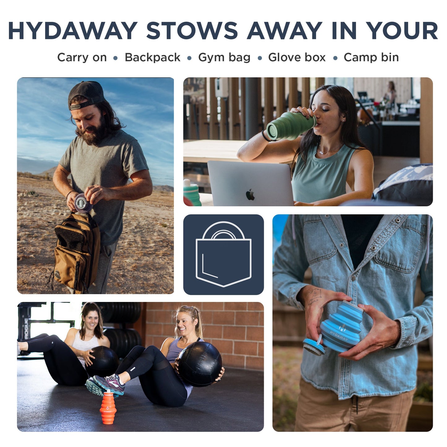 Lifestyle collage: hiker clipping HYDAWAY bottle, woman drinking at desk, group in gym packing bottle