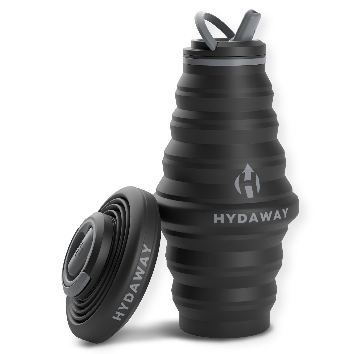 HYDAWAY 25 oz collapsible water bottle expanded in Black color with cap beside it