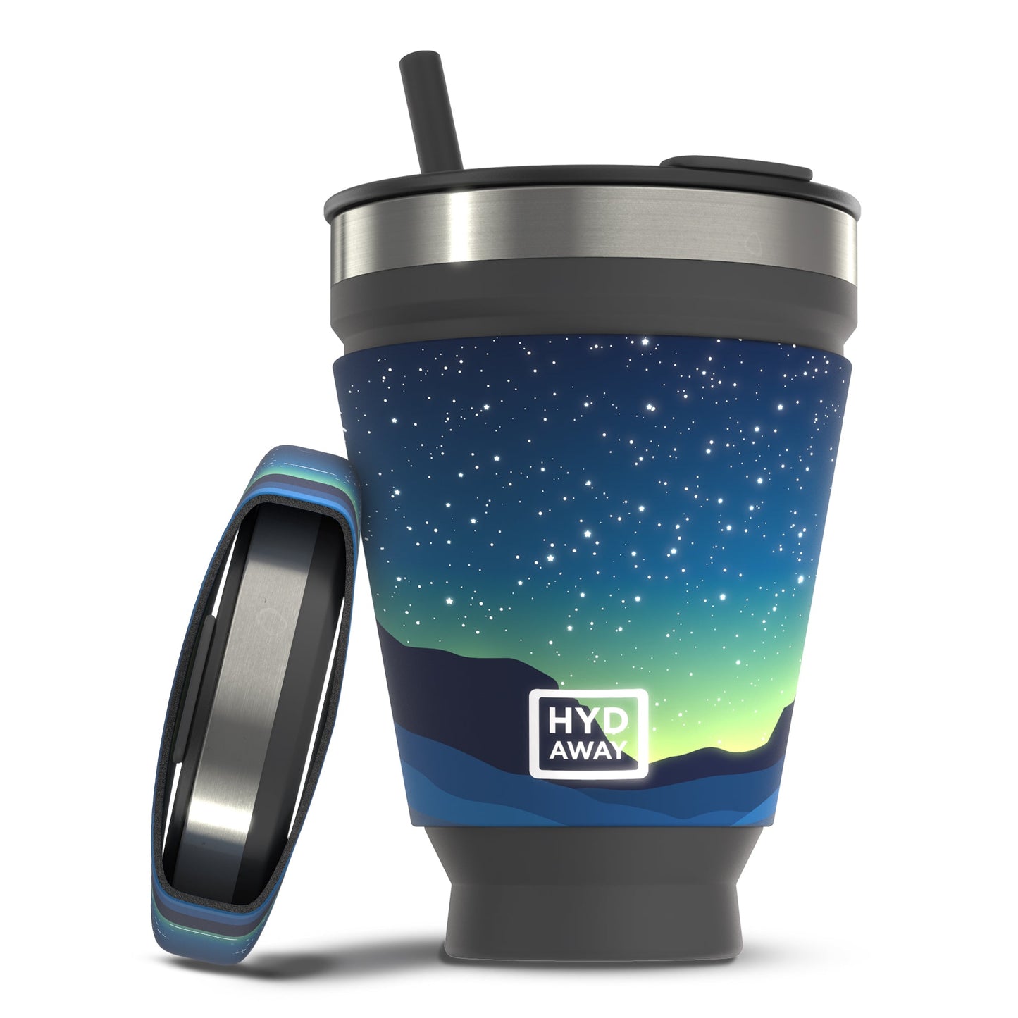 hydaway tumbler with starry night design and HYD AWAY logo on a white background