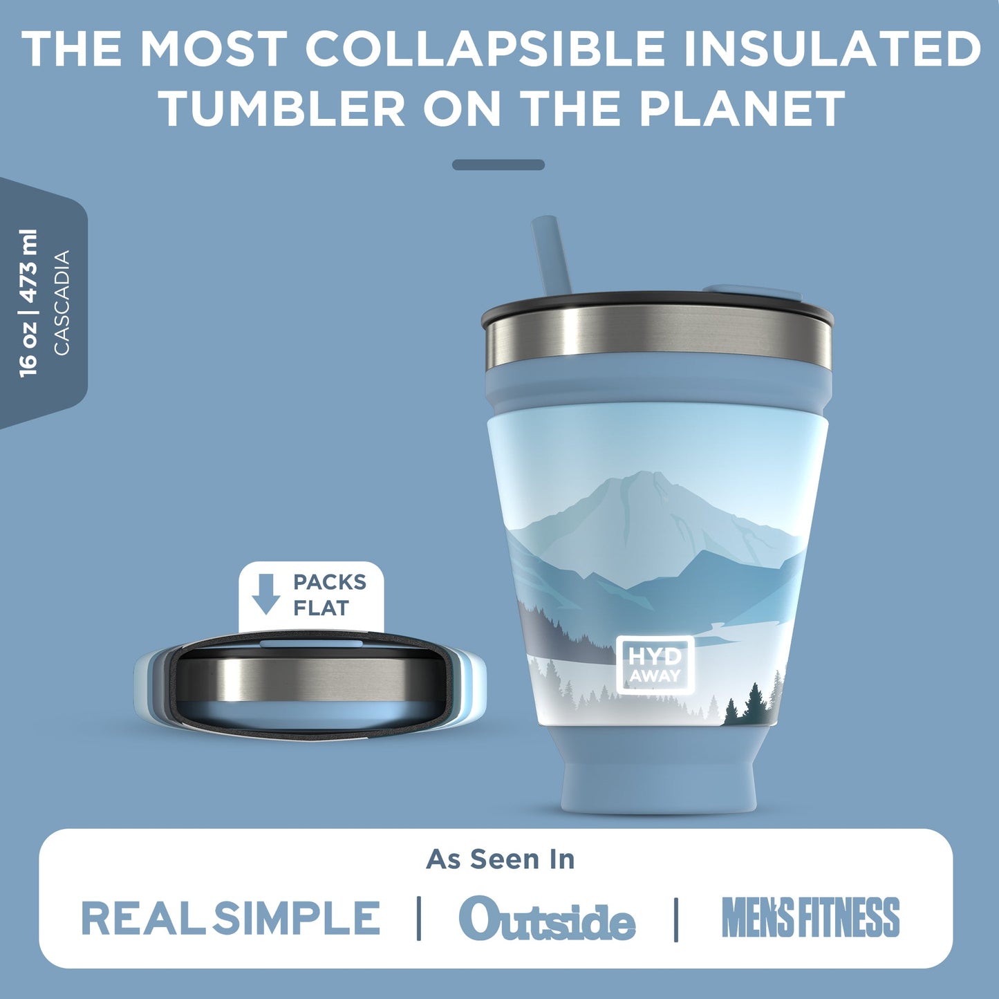 The hydaway tumbler the most collapsible insulated tumbler on the planet textCollapsible insulated tumbler with mountain design on a blue background