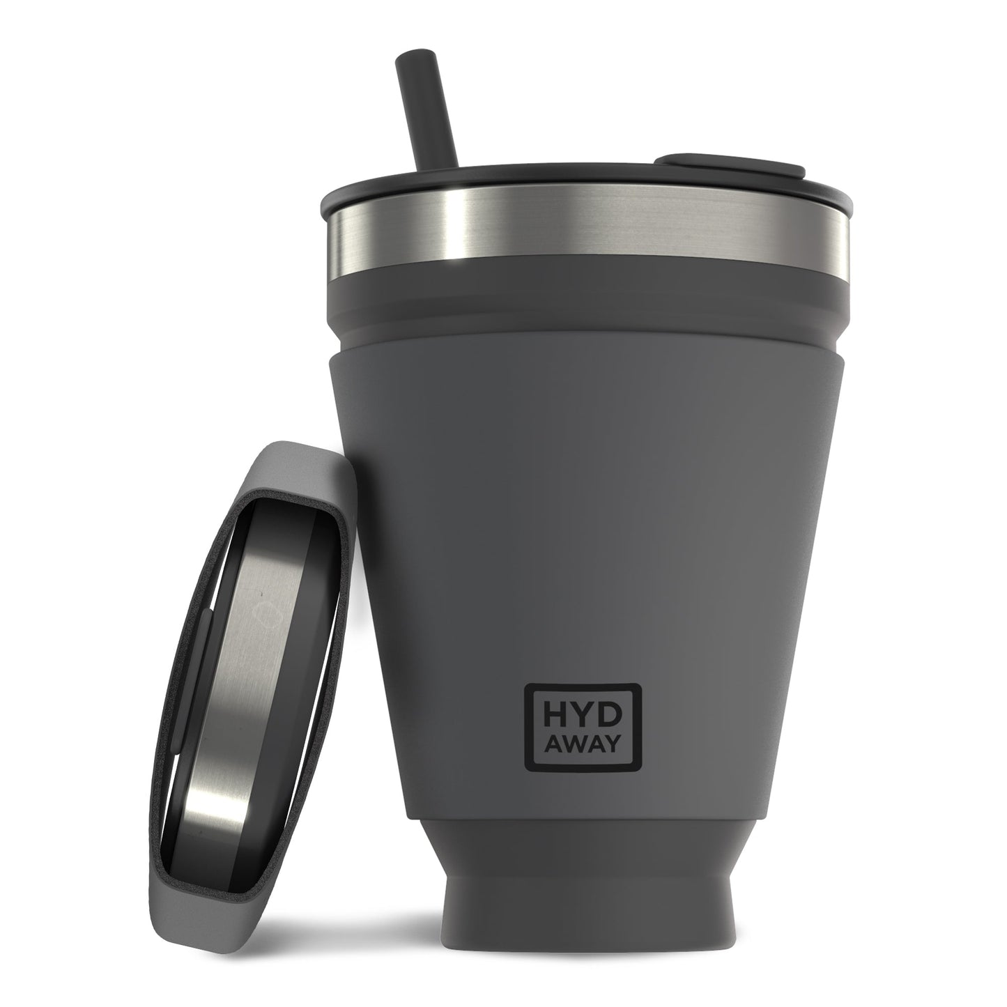 Gray hydaway tumbler with a straw lid on a white background