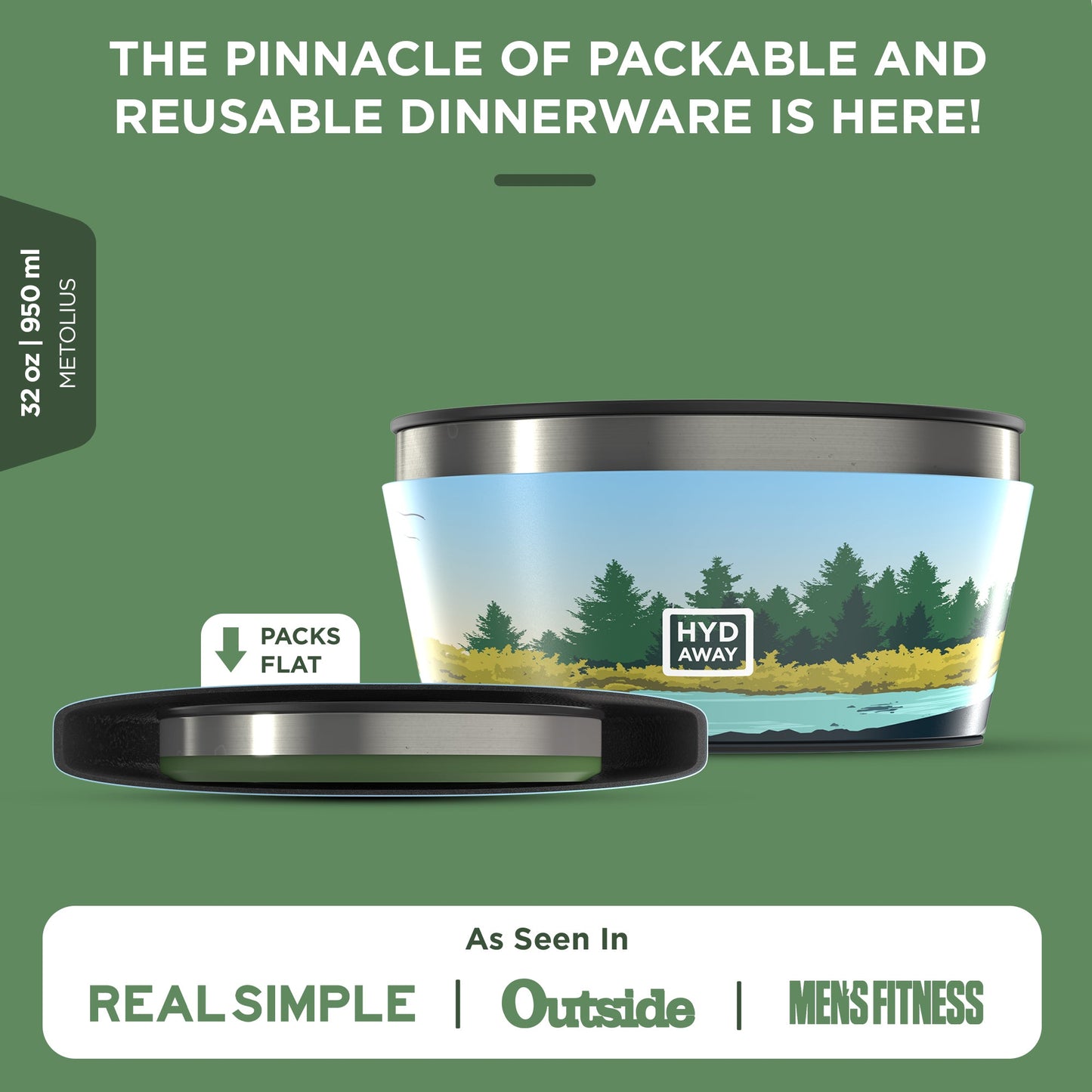 The HYDAWAY 1‑Quart Collapsible Insulated Bowl from HYDAWAY Official Store is BPA-free silicone with a nature design, expands to 32 oz, reusable and packable, shown expanded and flat. Features labeled; seen in Real Simple, Outside, Men’s Fitness.