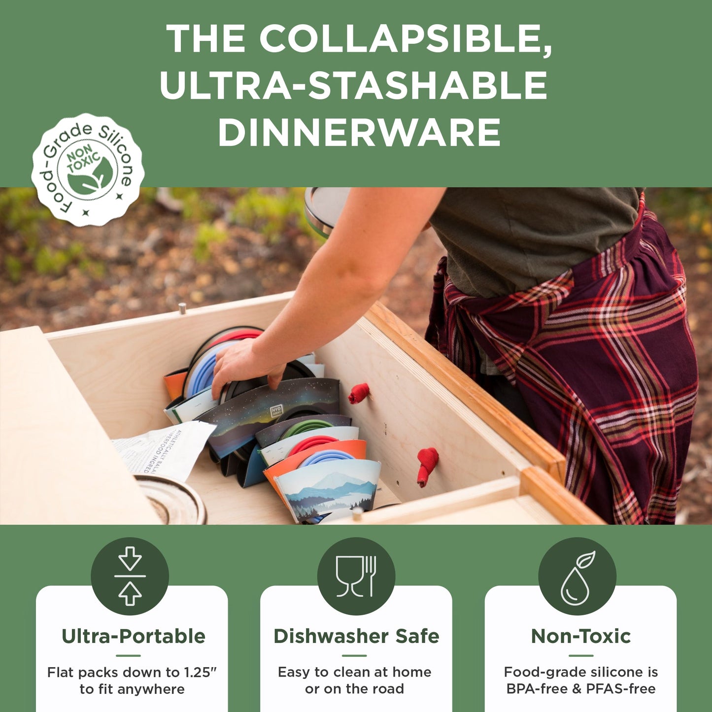 Someone stores the HYDAWAY 1-Quart Collapsible Insulated Bowl from HYDAWAY Official Store in a drawer. This ultra-portable, dishwasher-safe bowl is non-toxic and made from food-grade silicone.