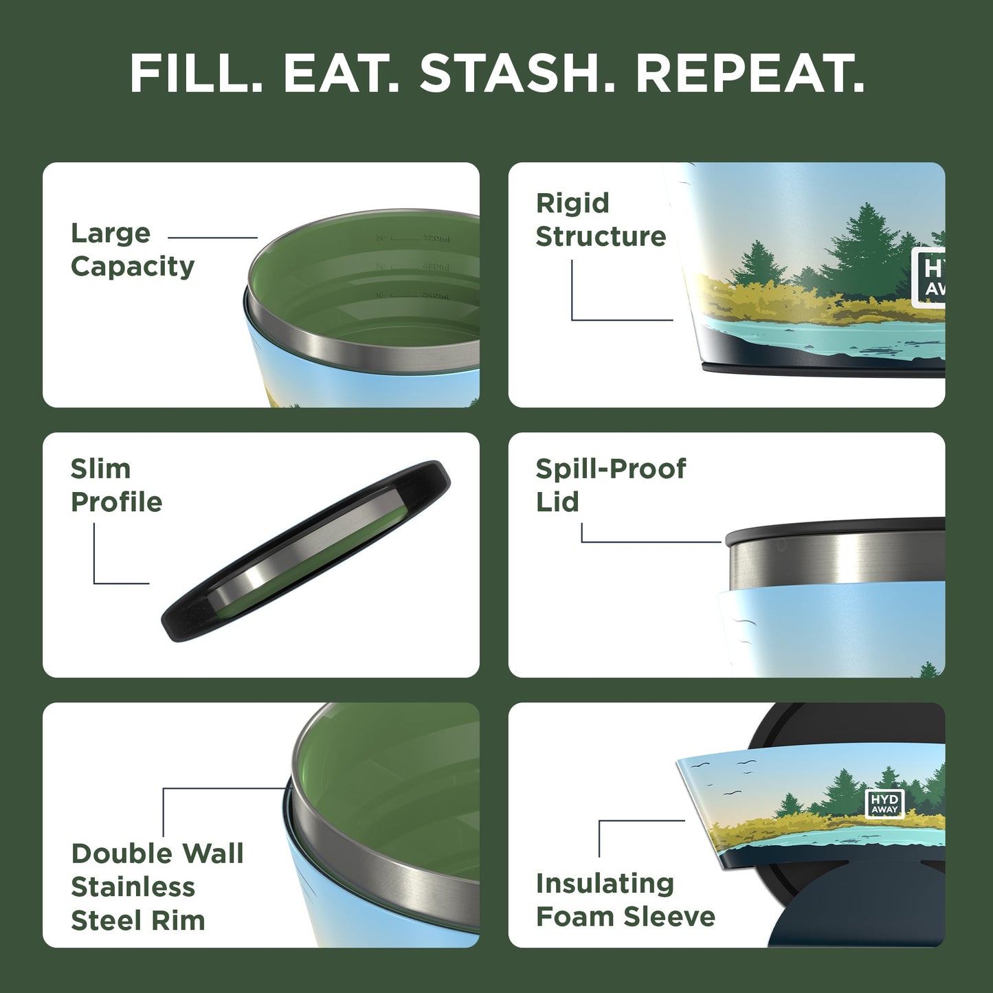 Infographic for the HYDAWAY 1‑Quart Collapsible Insulated Bowl by HYDAWAY Official Store: leakproof, large capacity, rigid yet slim, spill-proof lid, double wall stainless steel rim, insulating foam sleeve. Green background with white text.