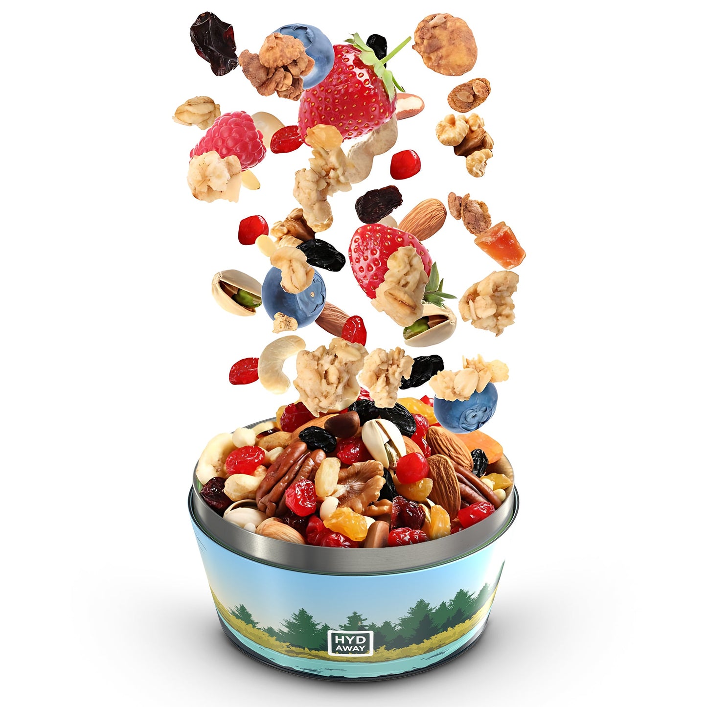 A bowl of trail mix with nuts, dried fruit, and granola sits in a HYDAWAY 1‑Quart Collapsible Insulated Bowl from the HYDAWAY Official Store, with strawberries, blueberries, raspberries, and more scattering above against a white background.