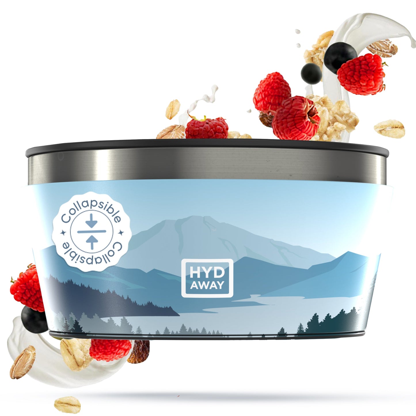 The HYDAWAY Official Stores HYDAWAY 1-Quart Collapsible Insulated Bowl, made of blue BPA-free silicone with a mountain design, is shown with yogurt, oats, raspberries, and blackcurrants splashing around it.