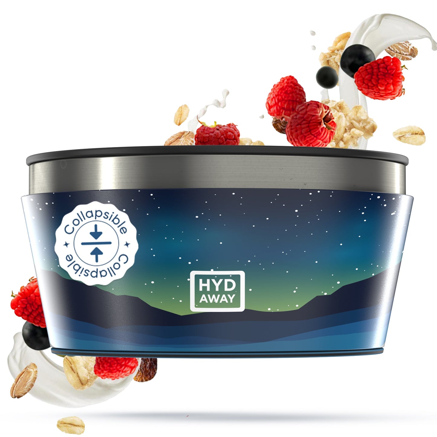 The HYDAWAY 1-Quart Collapsible Insulated Bowl from the HYDAWAY Official Store features a night sky and mountain design, pictured with yogurt, raspberries, black currants, oats, and cereal pieces.