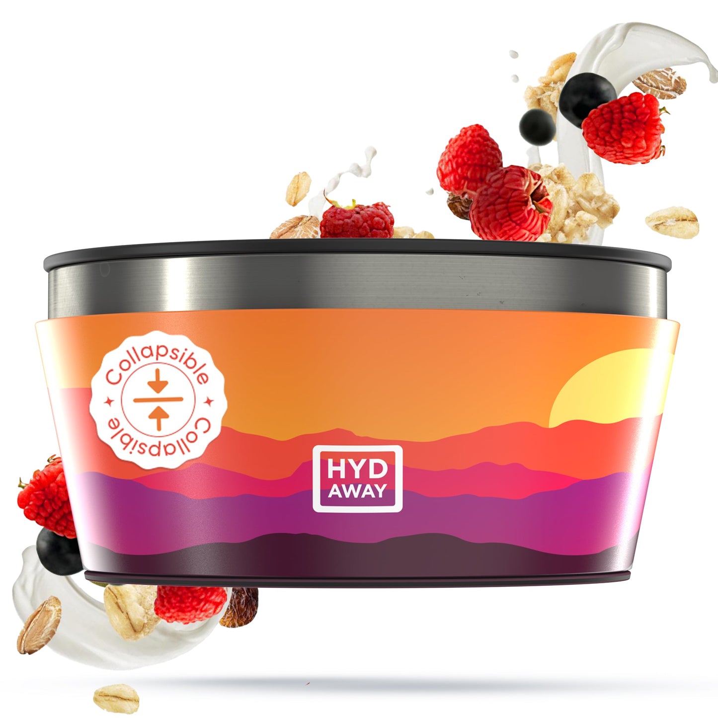 The HYDAWAY 1-Quart Collapsible Insulated Bowl from the HYDAWAY Official Store, featuring a sunset mountain design and BPA-free silicone, is shown filled with yogurt, raspberries, black currants, granola, and oats splashing out energetically.