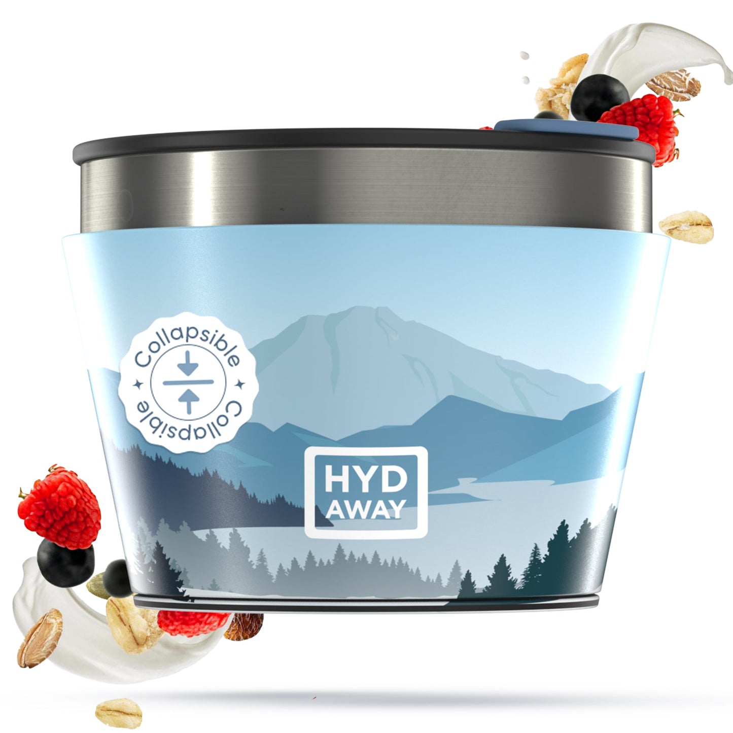 The HYDAWAY Official Store’s 1.5-Cup Collapsible Insulated Bowl is pictured with yogurt, berries, granola, and oats splashing around it on a white background, highlighting its stylish mountain design.