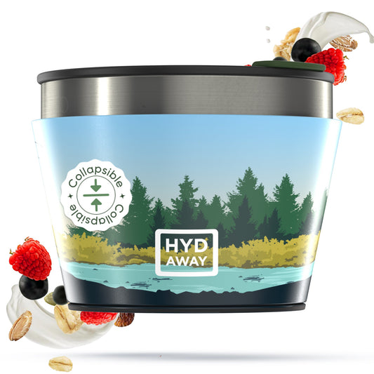 The HYDAWAY Official Store’s 1.5-Cup Collapsible Insulated Bowl is made from BPA-free silicone and features a nature-inspired design with trees, a lake, floating berries, oats, and yogurt splashes.
