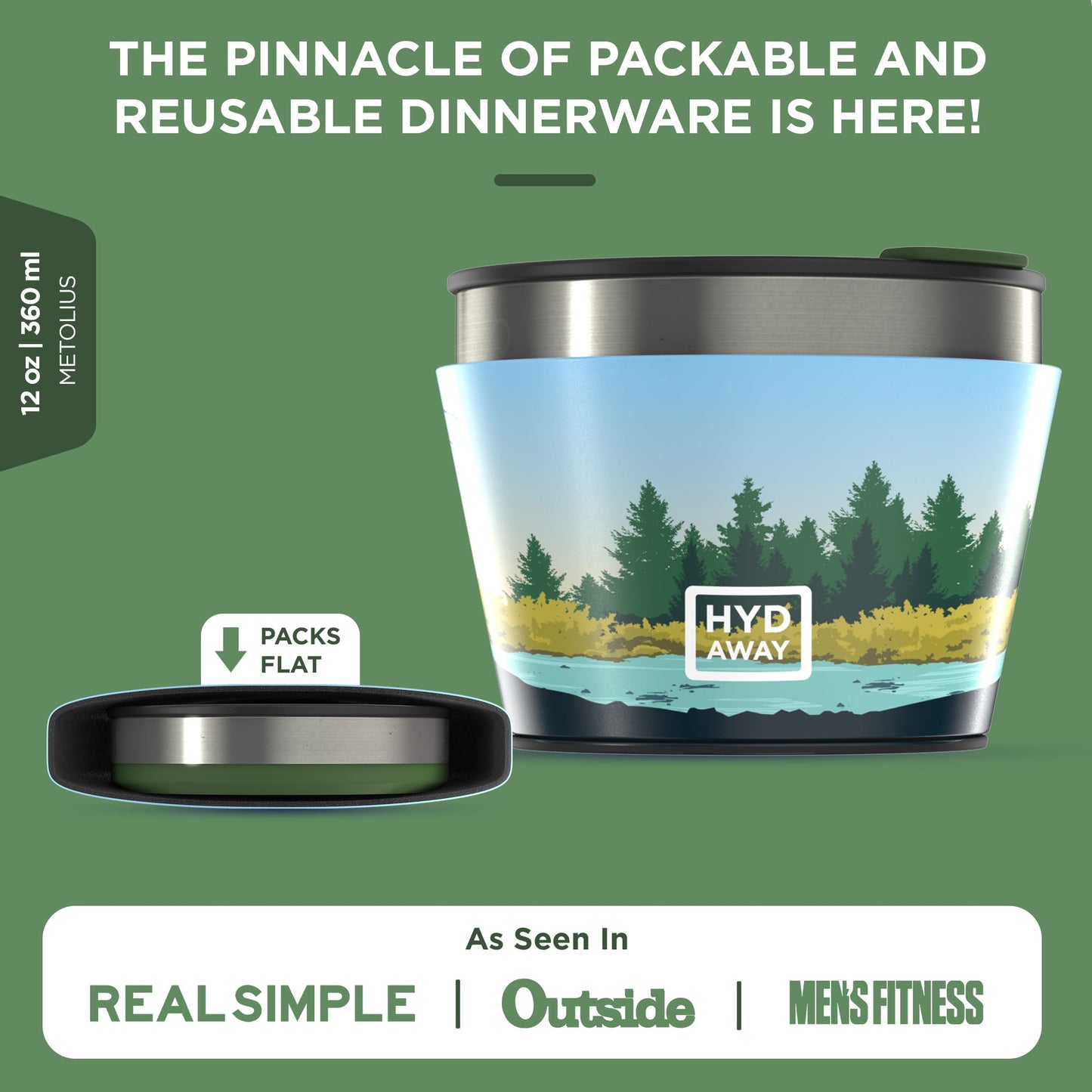 HYDAWAY Official Store 1.5-Cup Collapsible Insulated Bowl with nature scene and logo, shown expanded and flat. Features a BPA-free silicone 12oz/350ml design praised by major publications. Forest green background.