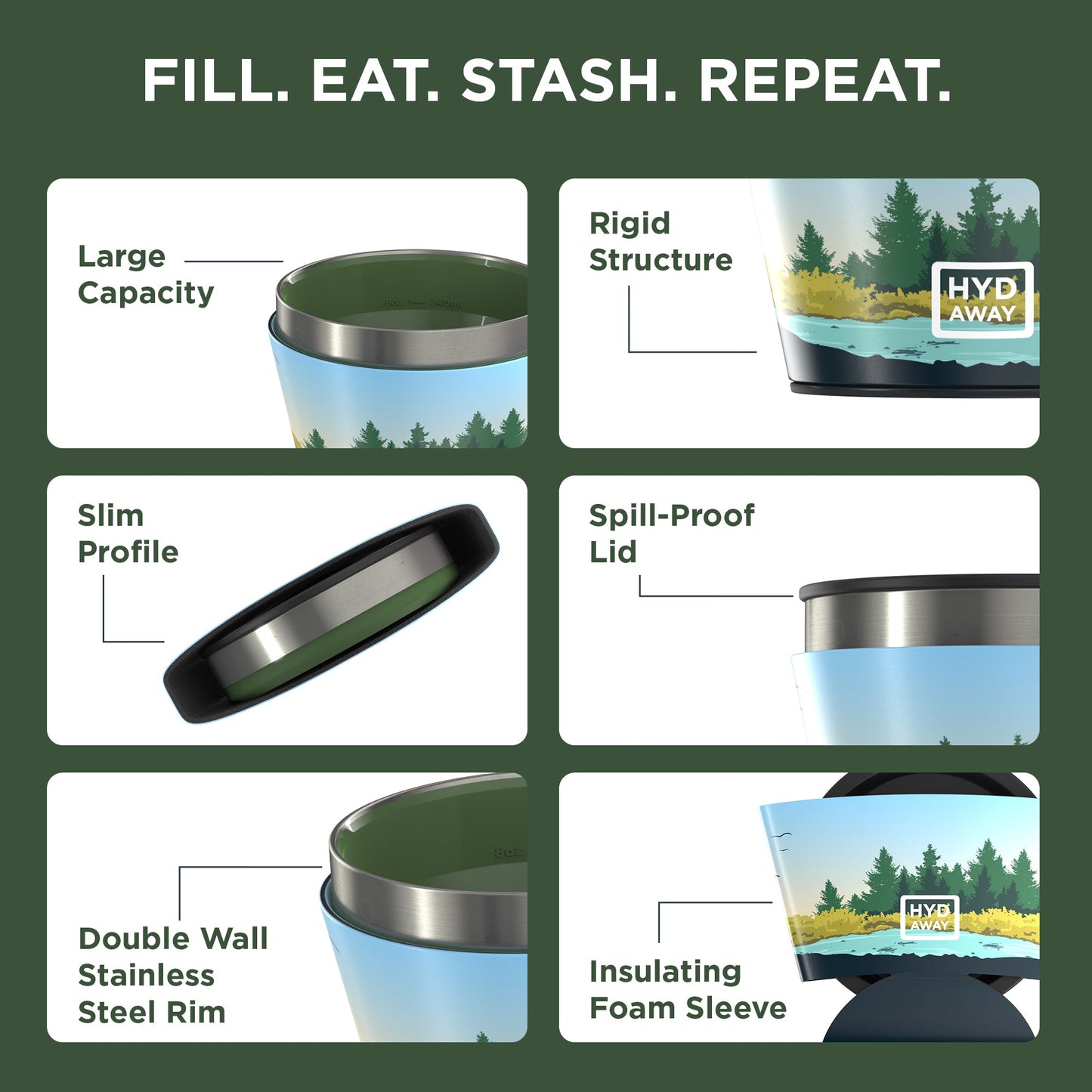 A graphic highlights the HYDAWAY 1.5-Cup Collapsible Insulated Bowl’s features: compact design, double-wall insulation, leakproof lid, nature-inspired art sleeve, and BPA-free materials. Text reads: “FILL. EAT. STASH. REPEAT.” Available at HYDAWAY Official Store.