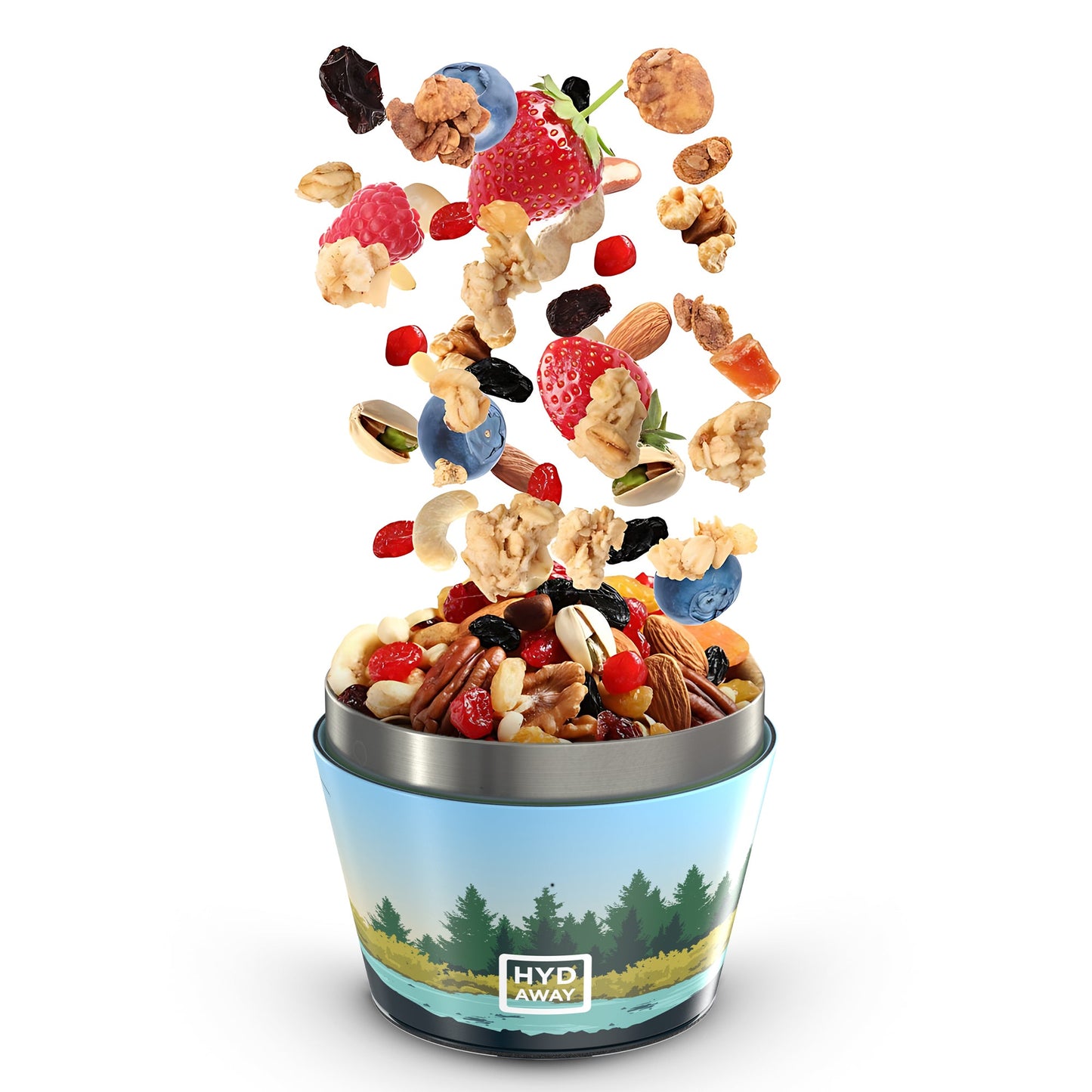 The HYDAWAY 1.5-Cup Collapsible Insulated Bowl from the HYDAWAY Official Store, featuring a forest design, is BPA-free and perfect for outdoor adventures—ideal for holding trail mix, fruit, nuts, or granola.