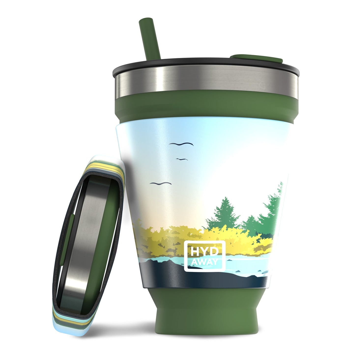 hydaway tumbler with nature-themed design and HYD AWAY branding on a white background