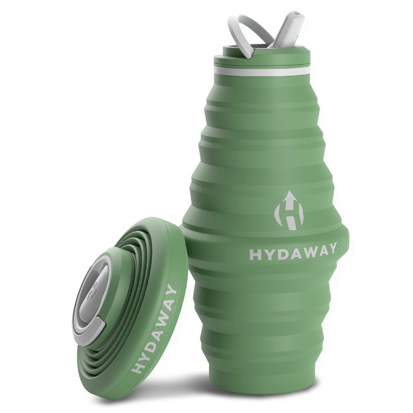 HYDAWAY 25 oz collapsible water bottle expanded in Green color with cap beside it