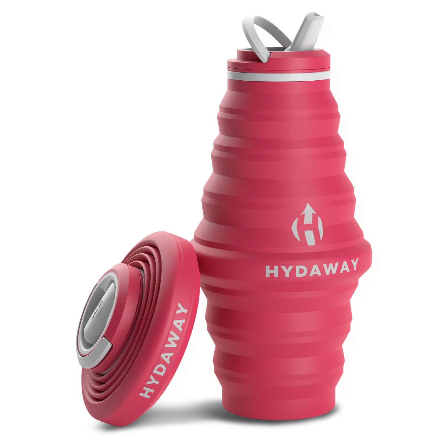 HYDAWAY 25 oz collapsible water bottle expanded in Pink color with cap beside it