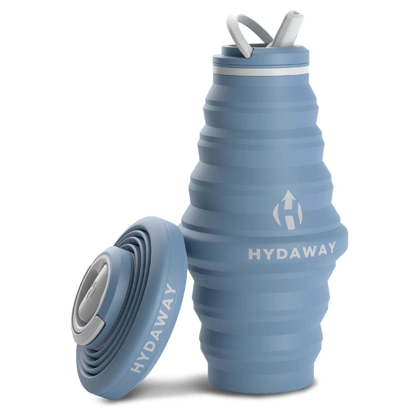 HYDAWAY 25 oz collapsible water bottle expanded in Blue Ice color with cap beside it