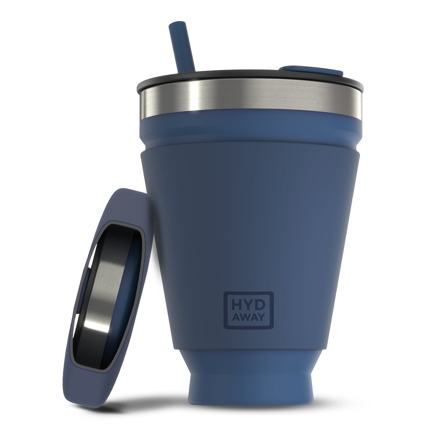 Blue Hydaway tumbler with silver lid and straw on a white background