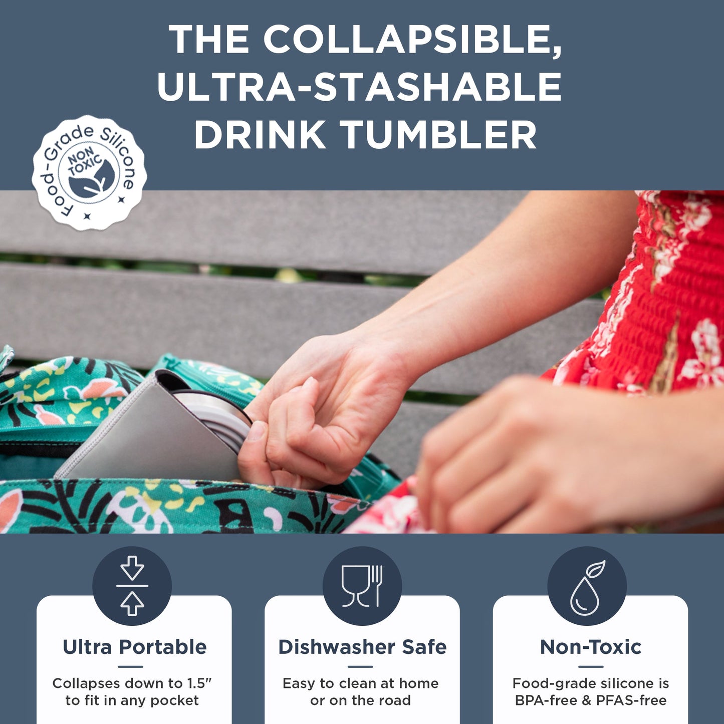 Collapsible hydaway drink tumbler being used with text highlighting features on a blue background