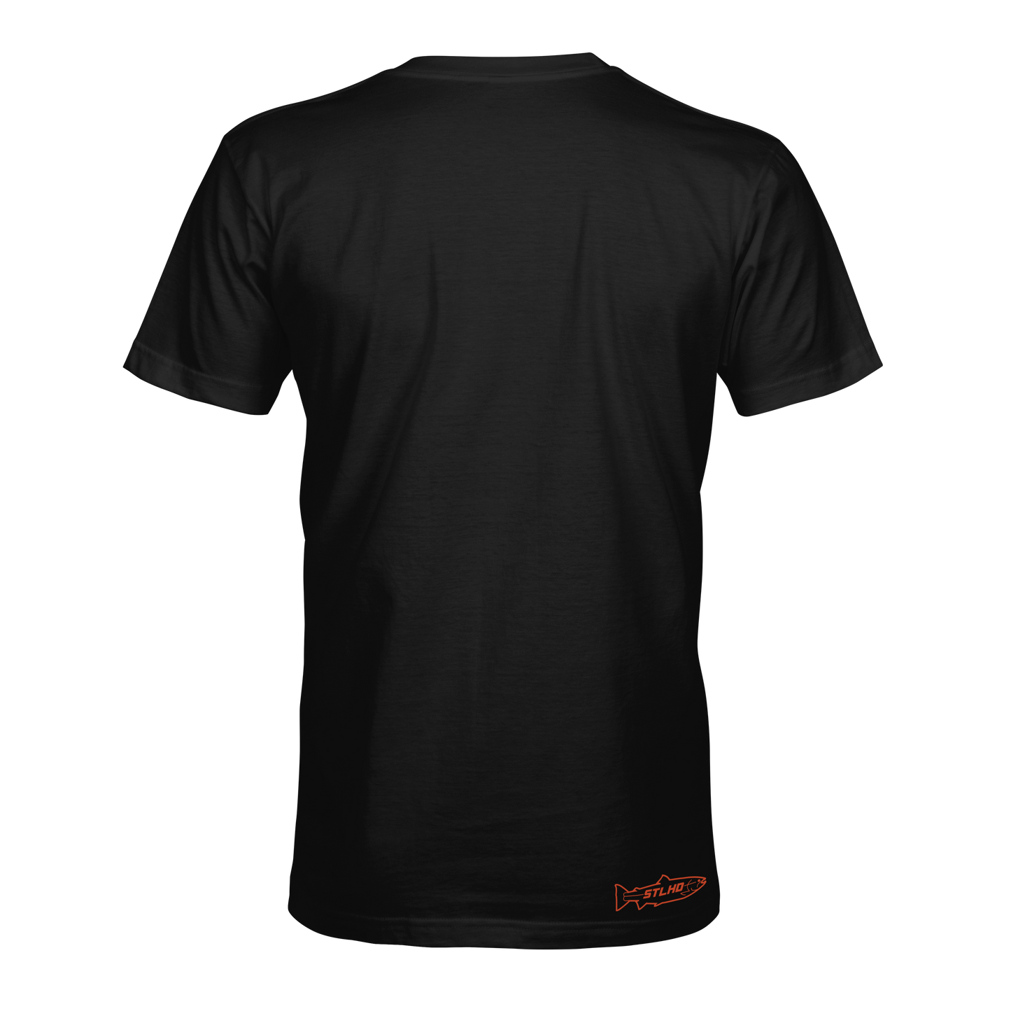 Black t-shirt with a orange STLHD logo on the back against a white background