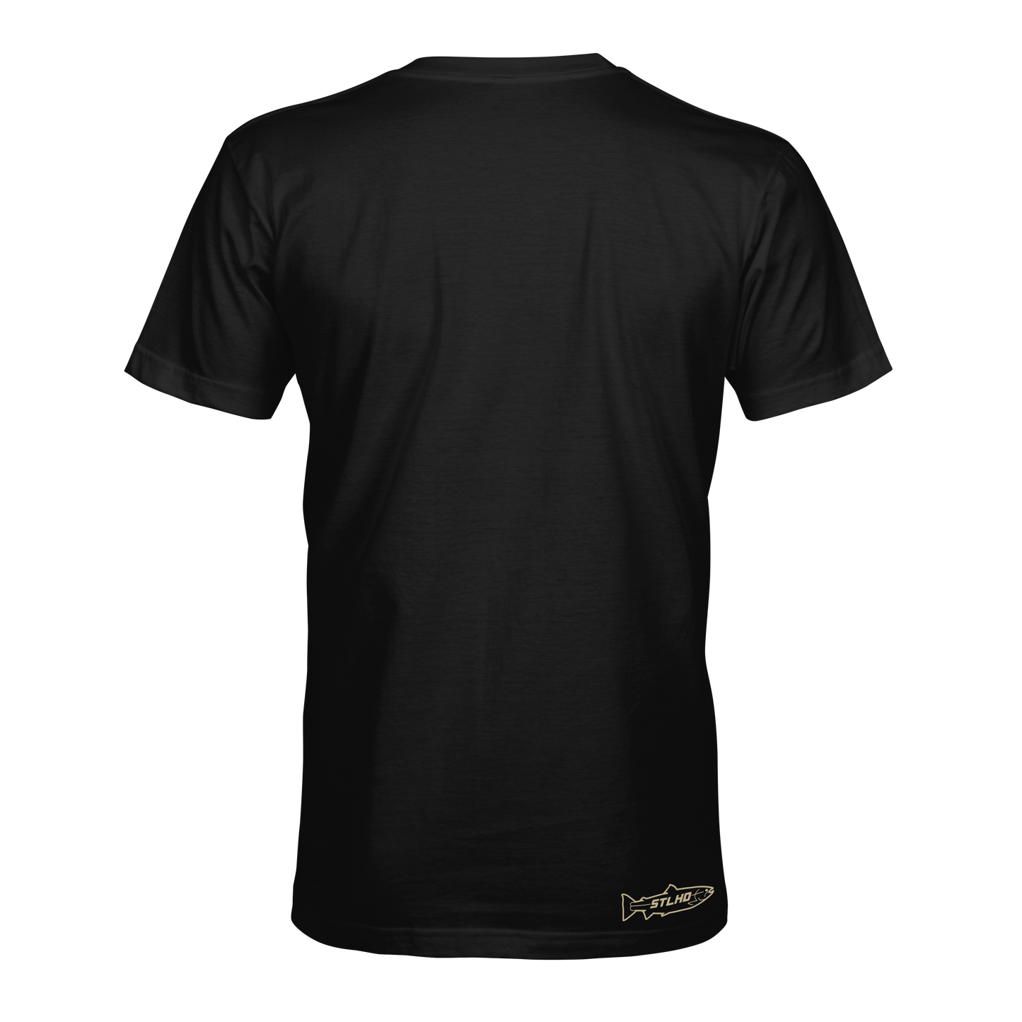Back view of the STLHD GEAR King of the Mountain T-Shirt in plain black, featuring a small fish-shaped logo and FILMED near the bottom right hem—breathable and perfect for outdoor adventure.