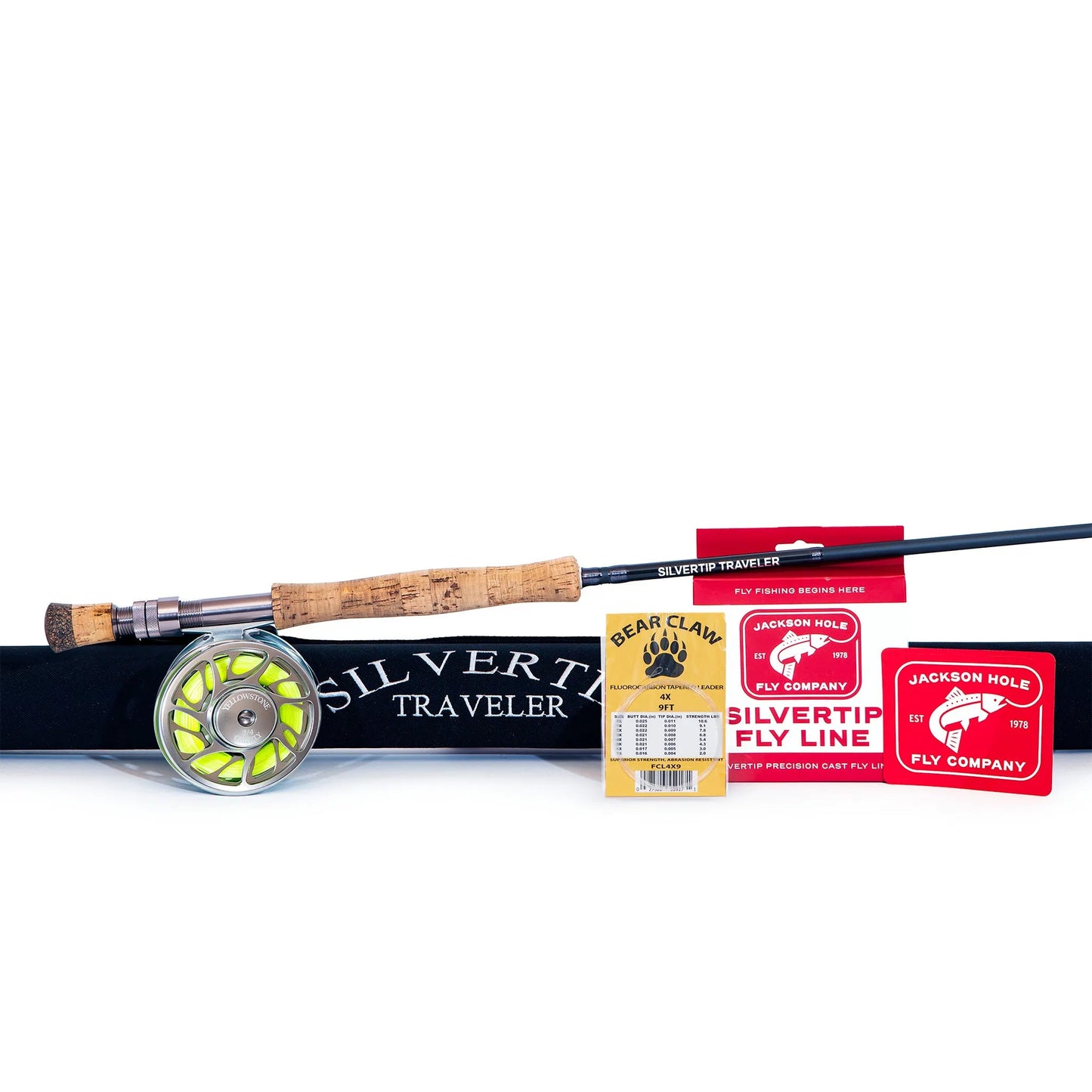 The Battenkill River Rod Combo Kit – 7'0" 3WT by Jackson Hole Fly Company includes a cork handle, black Silvertip Traveler case, Bear Claw leaders, Silvertip fly line, and a Jackson Hole Fly Company sticker—ideal for brook trout.